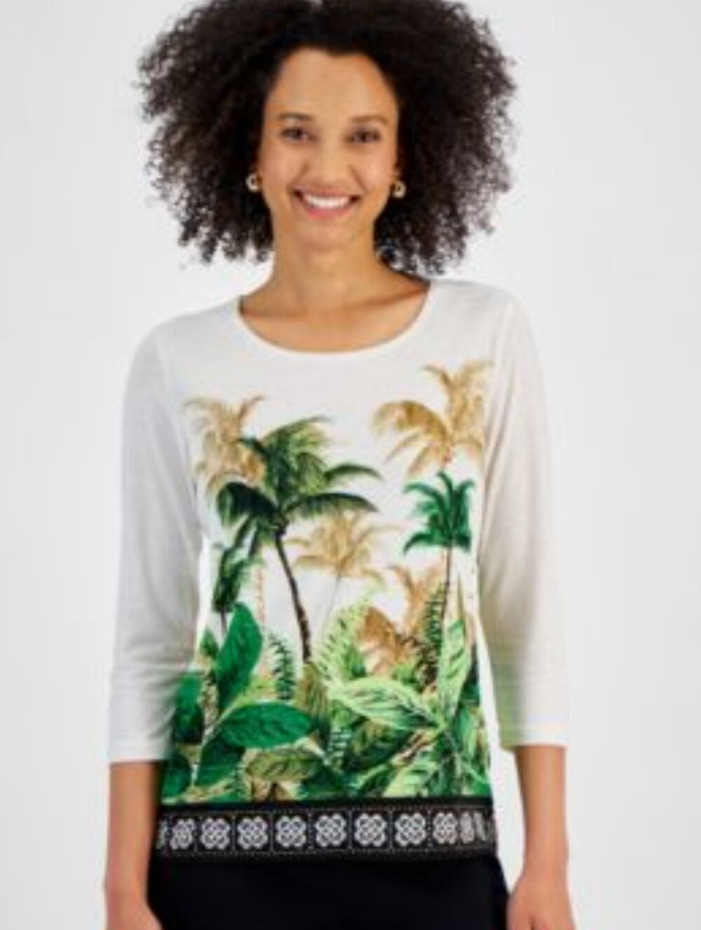 JM Collection PM Petite Medium Tropical Palm Tree Print 3/4 Sleeve Tunic Top